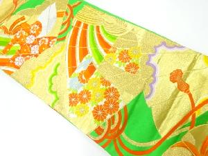 アンティーク　檜扇に菊・笹・組紐模様織出し袋帯（材料）